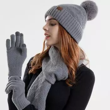 Женская зимняя вязаная утепленная шерстяная теплая шапка шарф перчатки комплект из трех предметов Защитная шапка для ушей One Size чёрный