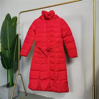 Женская зимняя X-длинная пуховая хлопковая куртка, пальто, парка с длинными рукавами и капюшоном, без мехового воротника, тонкий пояс, карман на молнии, теплая однотонная ткань M красный