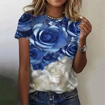 Женская золотисто-розовая футболка с 3D-печатью, женская одежда, штампы с цветочным принтом, женские топы, O-Gola, короткие рукава, женская футболка S