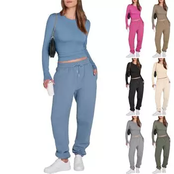 Женские 2-х предметные спортивные костюмы с длинным рукавом, обтягивающие рубашки, топы, спортивные штаны из флиса, комплекты, осенние спортивные наряды XL коричневый