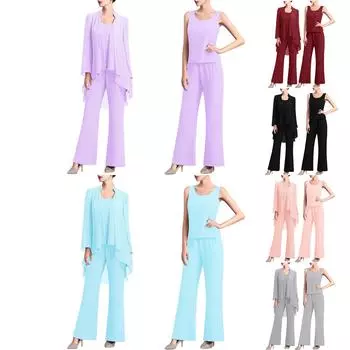 Женские 3 шт. Шифоновые брюки для матери невесты Костюмы для свадебного гостя Вечернее платье S розовый