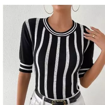 Женские 3XL весна и лето новые женские полосатые короткие рукава модные топы повседневный пуловер женский трикотаж M чёрный