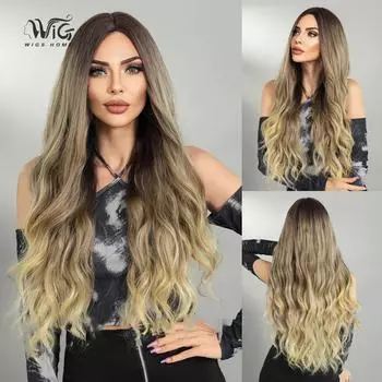 Женские 70 см бирюзовые длинные волосы, длинные вьющиеся волосы, полный головной убор, натуральный и реалистичный парик из волос с имитацией волос 70cm 27.55inch коричневый/циан