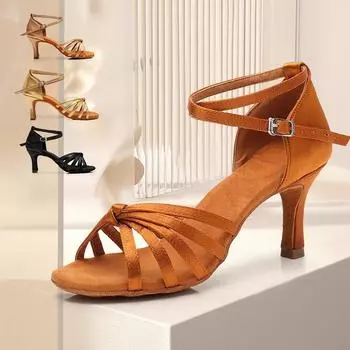 Туфли для латиноамериканских танцев для женщин девочек коричневый сатин бальные стандартные танцевальные туфли сальса танго каблук 7 см 34 чёрный
