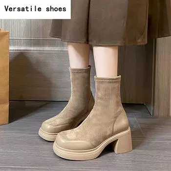 Женские эластичные ботильоны на толстом каблуке, модные, элегантные, современные, тонкие, короткие, осенне-зимние, женские, без застежек 35