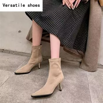 Женские эластичные ботильоны с острым носком, модные элегантные туфли для танцев, женские современные короткие ботильоны на толстом каблуке 35