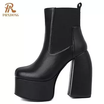 Женские эластичные ботинки высшего качества из лакированной кожи из микрофибры, черные мотоциклетные короткие ботильоны на очень высоком каблуке и толстой платформе 41 чёрный