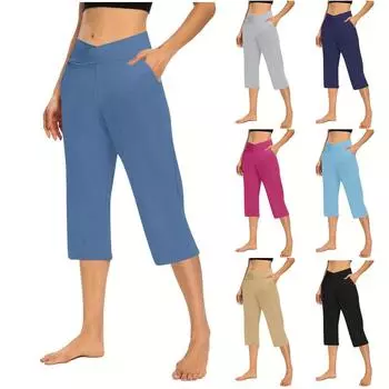 Женские эластичные брюки 3/4 с высокой талией, повседневные брюки-капри с широкими штанинами для активного отдыха, брюки с карманами XL хаки
