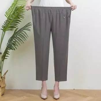 Женские эластичные брюки из ледяного шелка, однотонные свободные повседневные брюки с высокой талией, женские эластичные прямые брюки среднего возраста 8XL чёрный
