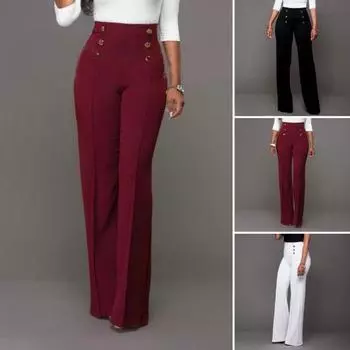Женские эластичные брюки-клеш, повседневные, с высокой талией, прямые, деловые, с пуговицами спереди, рабочая одежда, брюки для йоги для работы в офисе XXL вино красного