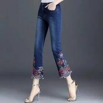 Женские эластичные брюки Nine-minute Micro Flare с высокой талией, вышитые, узкие, индивидуальные джинсы на весну и лето 32