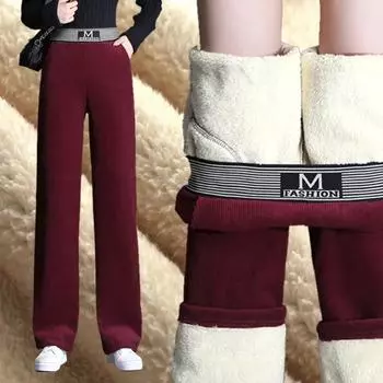 Женские эластичные брюки прямого покроя с высокой талией, теплые вельветовые брюки, женские повседневные свободные брюки широкого покроя на осень и зиму M вино красного