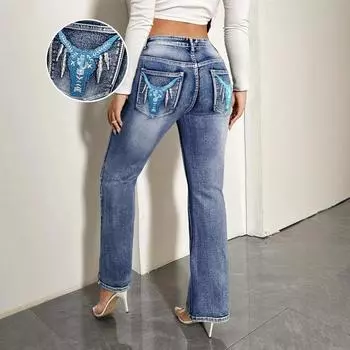 Женские эластичные брюки с вышивкой на карманах S