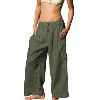 Женские эластичные брюки с высокой талией 3/4, повседневные широкие брюки-капри с карманами L чёрный