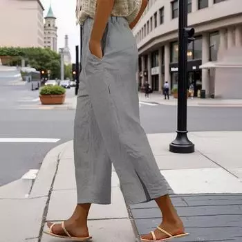 Женские эластичные брюки с высокой талией длиной 3/4, повседневные, широкие, для пляжа, путешествий, отпуска, брюки-капри с карманами L