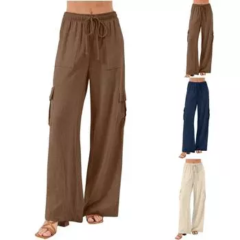 Женские эластичные брюки с высокой талией, повседневные активные брюки с широкими штанинами и длинными брюками, брюки с карманами S чёрный