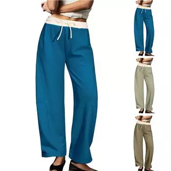 Женские эластичные брюки с высокой талией, повседневные активные брюки с широкими штанинами и длинными брюками, брюки с карманами XS хаки