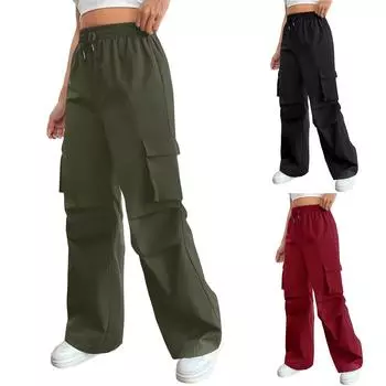 Женские эластичные брюки с высокой талией, повседневные активные брюки с широкими штанинами и длинными брюками, брюки с карманами M чёрный