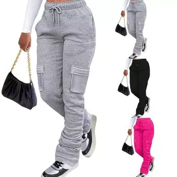 Женские эластичные брюки с высокой талией, повседневные активные брюки с широкими штанинами и длинными брюками, брюки с карманами S