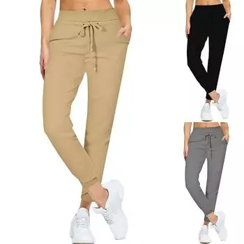 Женские эластичные брюки с высокой талией, повседневные активные брюки с широкими штанинами и длинными брюками, брюки с карманами M чёрный