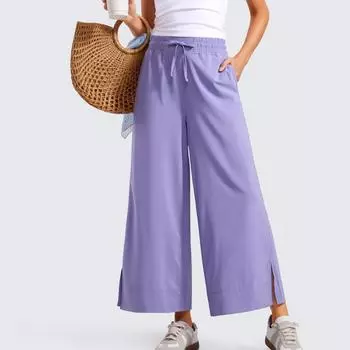 Женские эластичные брюки с высокой талией, повседневные активные брюки с широкими штанинами и длинными брюками, брюки с карманами L фиолетовый