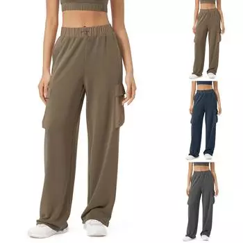 Женские эластичные брюки с высокой талией, повседневные активные брюки с широкими штанинами и длинными брюками, брюки с карманами M синий