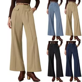 Женские эластичные брюки с высокой талией, повседневные активные брюки с широкими штанинами и длинными брюками, брюки с карманами S чёрный