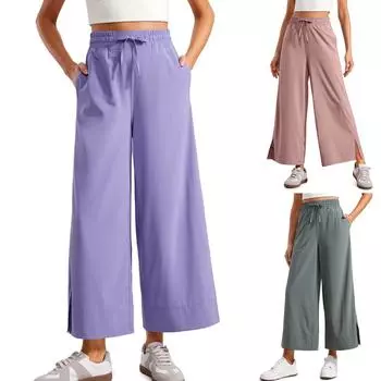 Женские эластичные брюки с высокой талией, повседневные активные брюки с широкими штанинами и длинными брюками, брюки с карманами S серый