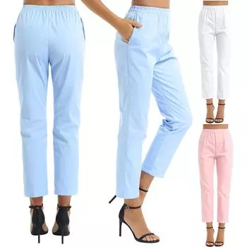 Женские эластичные брюки-скрабы, прямые брюки с эластичным поясом, длинные брюки для ухода за больными M светло-синий
