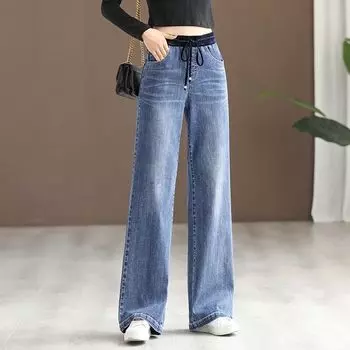 Женские эластичные джинсовые брюки с высокой талией, офисные женские корейские простые повседневные свободные джинсы, женские однотонные винтажные брюки 34 чёрный