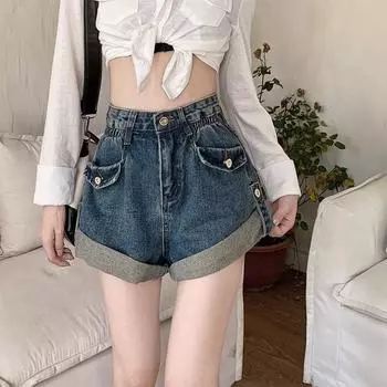 Женские эластичные джинсовые шорты с высокой талией — коллекция Лето 2024, облегающий крой, широкие штанины, модные и легкие. 3XL синий