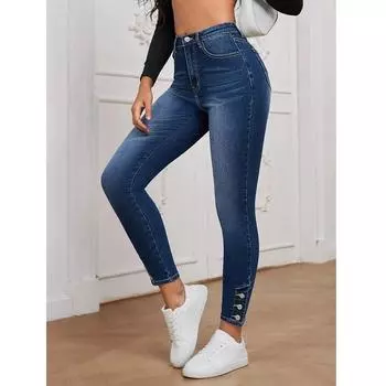 Женские эластичные джинсы из денима, однотонные узкие брюки-карандаш, женские карманы, застежка-молния на пуговицу, джинсовые брюки S синий