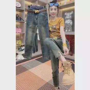 Женские эластичные джинсы с высокой талией и разрезами — облегающий крой больших размеров, для миниатюрных, длина девять точек, на лето S синий