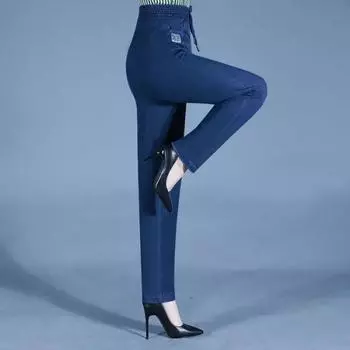 Женские эластичные джинсы с высокой талией из мягкого ледяного шелка — облегающий крой, летние брюки для людей среднего и пожилого возраста, доступны размеры Plus Size Small