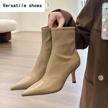 Женские эластичные короткие сапоги с острым носком, модные узкие ботильоны с боковыми молниями, высокие каблуки, новые осенне-зимние женские туфли 35