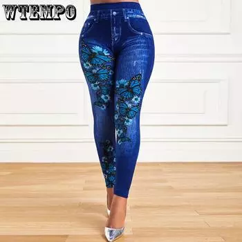 Женские эластичные леггинсы больших размеров с высокой талией, джинсовые узкие джеггинсы, женские модные брюки-карандаш с принтом, одежда 2023 XXXL синий