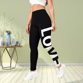 Женские эластичные леггинсы с принтом LOVE Letter для занятий йогой, фитнесом, бегом, спортом в спортзале, активными штанами XS чёрный