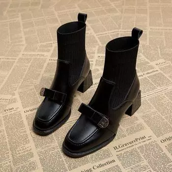 Женские эластичные носки-сапоги осень-зима на толстом каблуке короткие сапоги без застежек модные ботильоны женские новые трендовые роскошные туфли для женщин 35