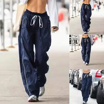 Женские эластичные облегающие брюки на шнуровке с высокой талией в уличном стиле, модные свободные повседневные брюки L тёмно-синий