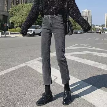 Женские эластичные облегающие джинсы-сигареты черного и серого цвета с высокой талией — осенне-зимний стиль с необработанным краем и свободным кроем, маленький размер 30