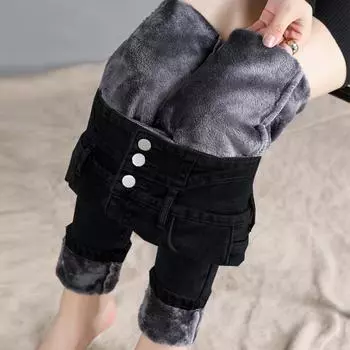 Женские эластичные обтягивающие джинсы с высокой талией и эффектом похудения — мягкие и плотные на осень/зиму 2021 г.