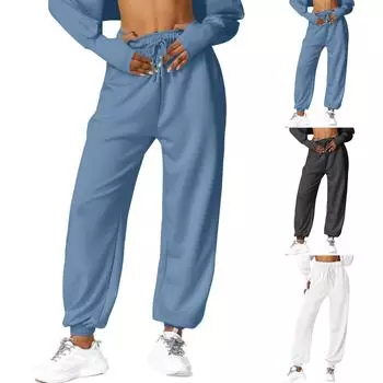 Женские эластичные повседневные брюки с высокой талией и широкими длинными штанинами с карманами S чёрный