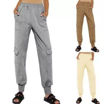 Женские эластичные повседневные брюки с высокой талией и широкими длинными штанинами с карманами S бежевый