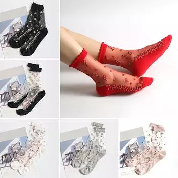 Женские эластичные прозрачные тонкие хлопковые носки с цветочным принтом, летние нескользящие прозрачные носки