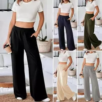 Женские эластичные прямые широкие брюки с высокой талией, однотонные, свободные, с карманами для повседневной носки 2XL армия зеленый