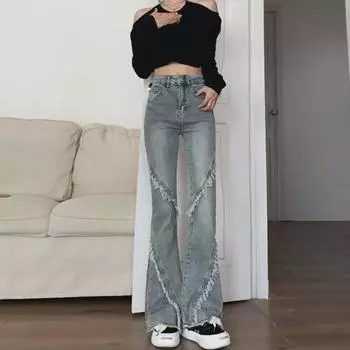 Женские эластичные расклешенные джинсы с высокой талией - необработанный край, облегающий крой, ретро-ностальгический стиль, маленький размер S