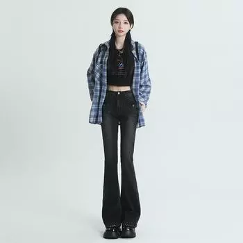 Женские эластичные расклешенные джинсы в американском стиле на четыре сезона с высокой талией и многокарманным дизайном в корейском стиле, брюки в стиле ретро с подковами XS