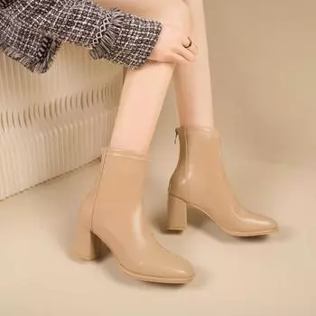 Женские эластичные сапоги из кожи на высоком каблуке, осень-зима 2025, короткие сапоги, повседневное офисное платье 35 чёрный