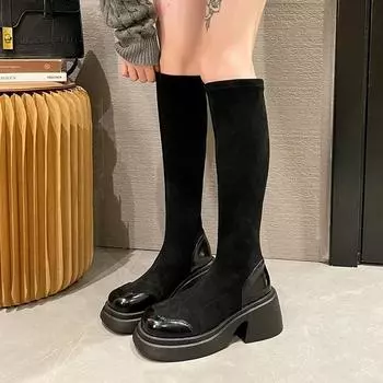 Женские эластичные сапоги на толстой подошве и толстом каблуке 35 чёрный