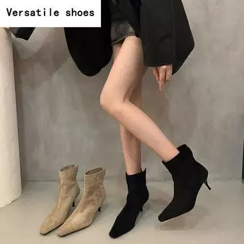 Женские эластичные сапоги-носки на высоком каблуке, модные, элегантные, с острым носком, короткие, осенние, женские, танцевальные, вечерние туфли 35